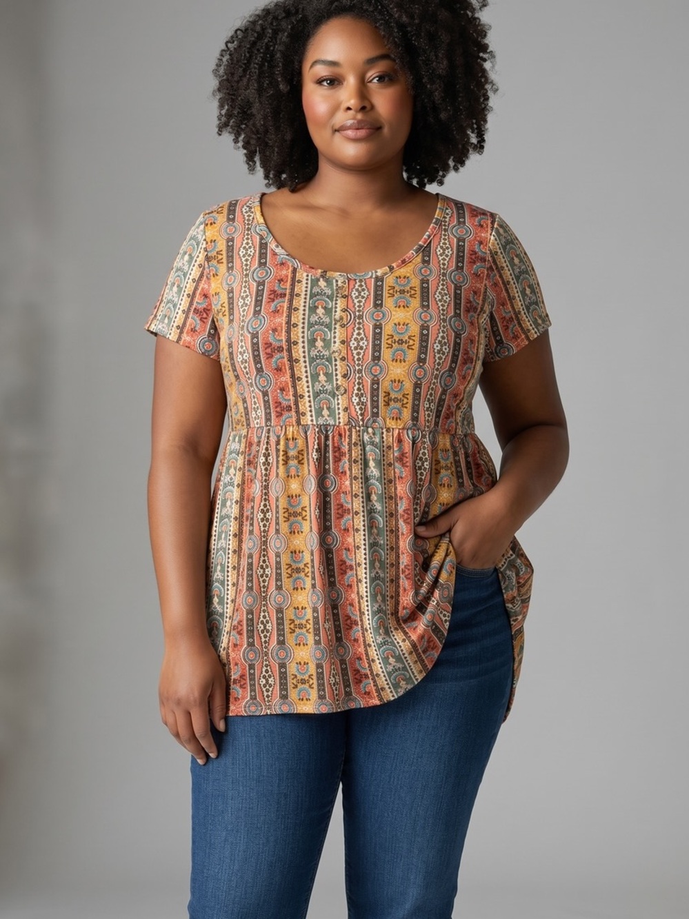 Bobbie Brooks Multi-Color Scoop Neck Short Sleeve Peplum Top